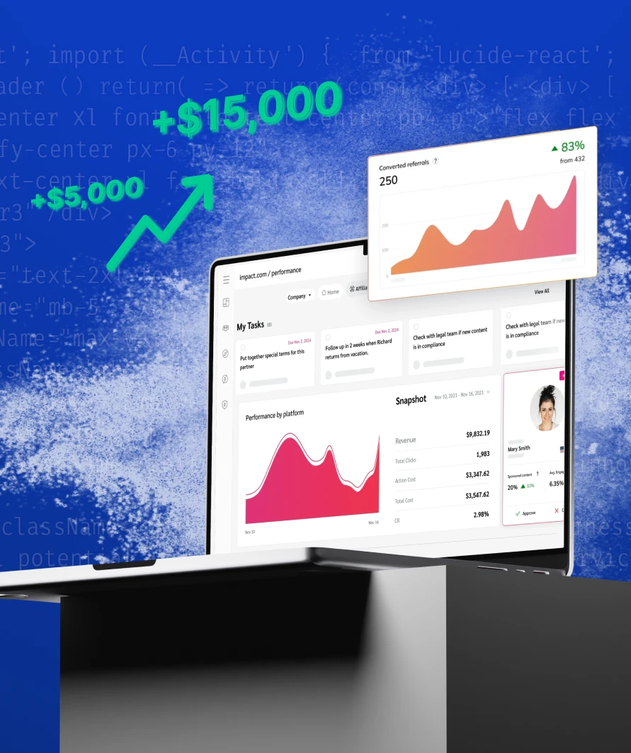 Impact.com affiliates dashboard with stats increasing