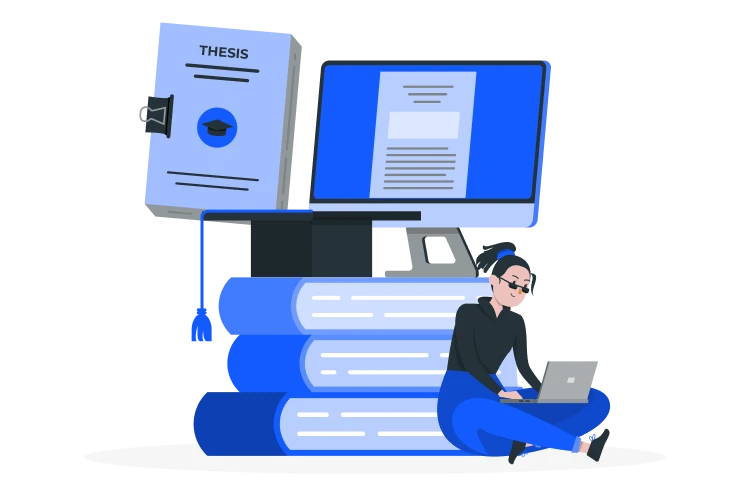 Illustration of a person with learning materials: a pile of books, a thesis, and a laptop with documents on it