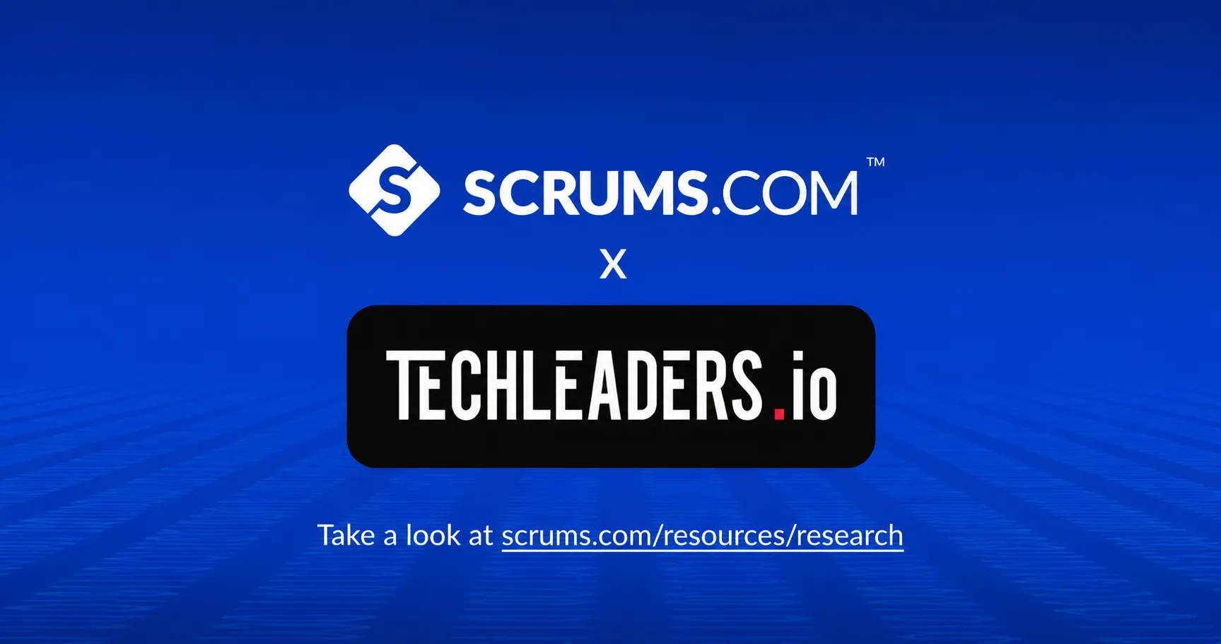 Scrums.com acquires TechLeaders.io — announcement banner showing the Scrums.com and TechLeaders.io marks joined, pointing to scrums.com/resources/research