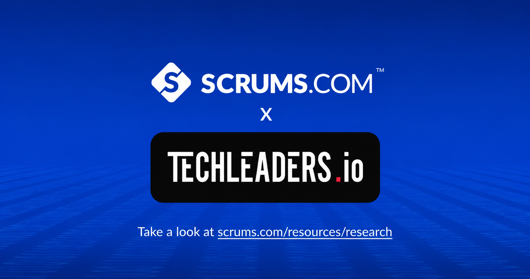 Scrums.com acquires TechLeaders.io — announcement banner showing the Scrums.com and TechLeaders.io marks joined, pointing to scrums.com/resources/research