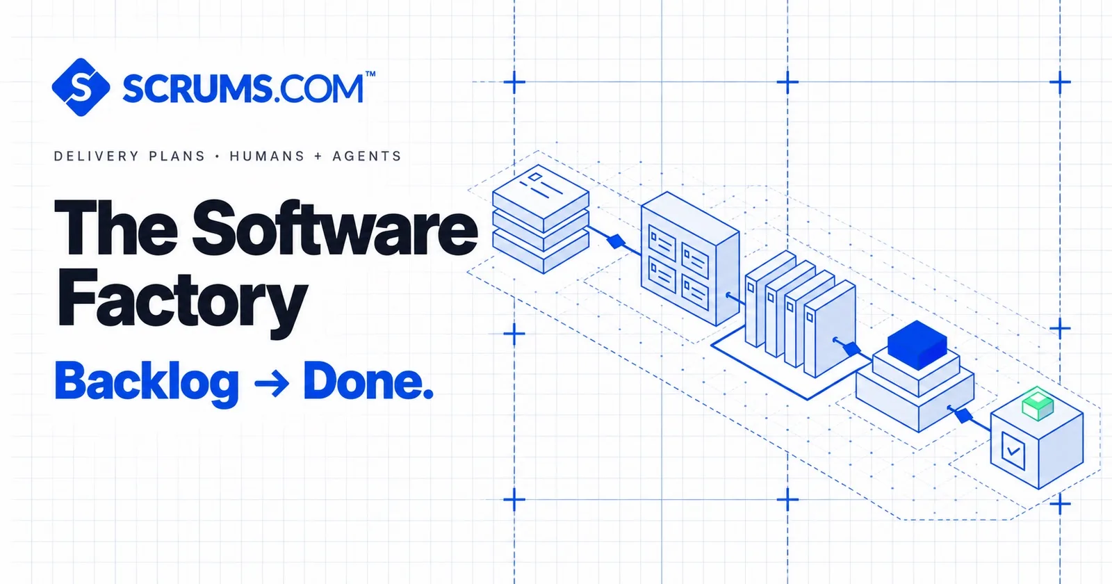 The Software Factory by Scrums.com: Delivery Plans with humans and agents, an isometric line of blocks that takes work from Backlog to Done.