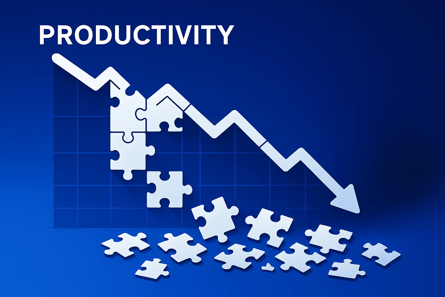 A white line graph, labeled "PRODUCTIVITY," sharply declining. The line is made of broken puzzle pieces, some of which have fallen away, visually representing declining productivity due to fragmented or missing elements.